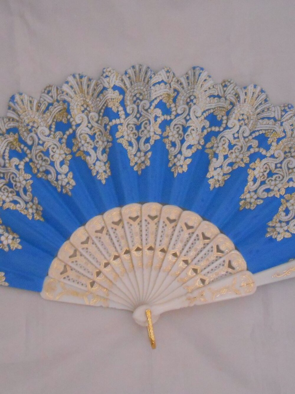 Spanish Flamenco Style Fan, Blue And White With Gold, Folding, Painted, Plastic